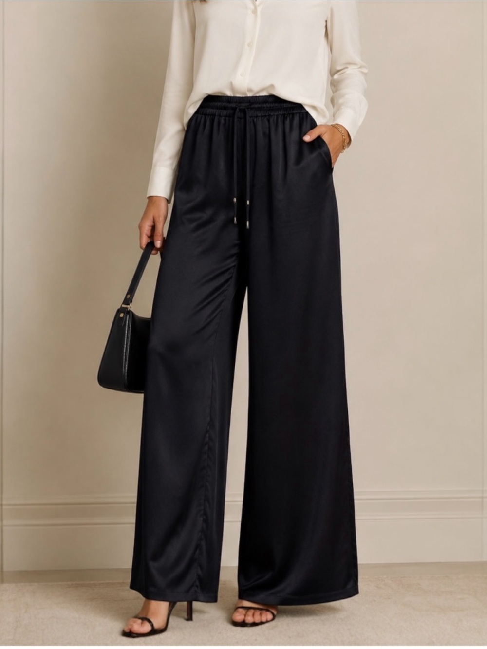 NWT Lauren Ralph Lauren Black Wide-Leg Satin Pull On Pants XXL